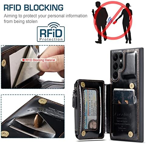 Калъф за Samsung Galaxy S22 Ultra 5G, една чанта-портфейл [RFID заключване] [3 слота за карти] [1 джоб за пари] Седалките-притежателите на кредитни карти с чантата с цип-гривната е съ?