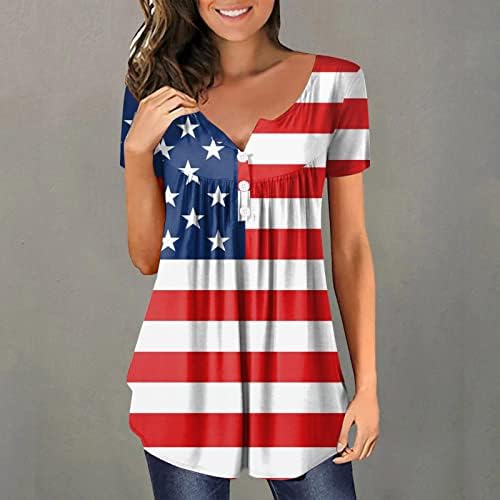 На 4 юли, Блузи-Ризи за жени, Тениска с образа на Американския флаг, Прикрива Корема, Летни Ежедневни Блузи С Къс ръкав и V-образно деколте и копчета
