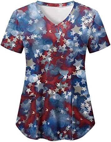Женска Тениска с Флага на САЩ 4 Юли, Къс Ръкав, V-образно Деколте, Риза с 2 Джобове, Блузи, Ваканционни Летни всеки ден