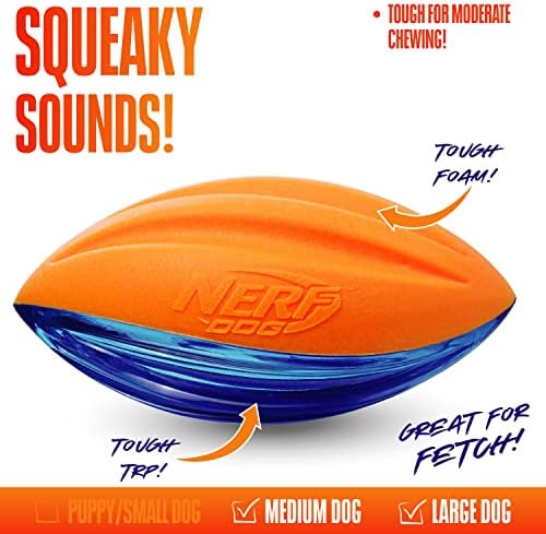 Гумена играчка за кучета-футболисти Nerf Куче с интерактивна пищалкой, Лек, Здрав и водоустойчив, 6 инча, за средни и Големи породи, Цели, синьо и оранжево