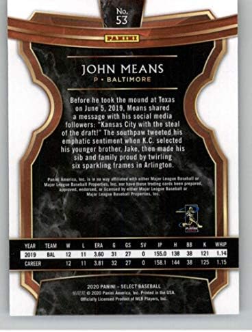 2020 Изберете Бейзбол # 53 Джон Means Baltimore Orioles Официалната търговска картичка MLBPA с лиценз, изработени Панини America