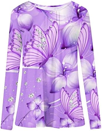 Дамски Блузи с дълъг ръкав, Блузи Свободно Намаляване с Пеперуда и Цветя Принтом, Тениски с деколте Хенли във формата