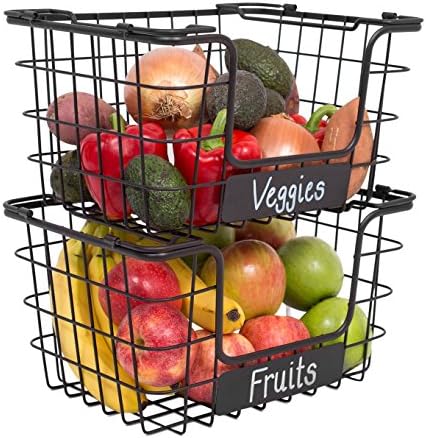 Сгъваеми Телени кошници с бледа етикет - Комплект от 2-те Метални Кутии за съхранение на плодове и зеленчуци, за