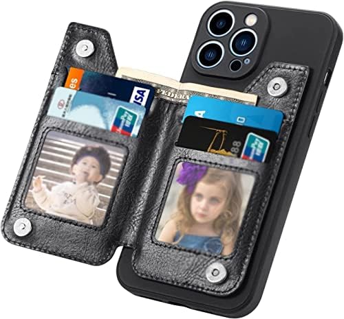Чанта-портфейл DAIKMZ за iPhone 14/14 Plus/14 Pro/14 Pro Max, Тънък Кожен калъф за карта, с поставка за светкавици, двойна магнитна закопчалка, Здрав устойчив на удари панти калъф-за н?