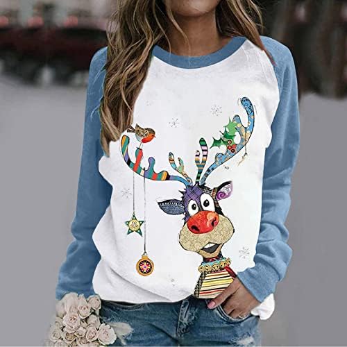 Цветен Блок, Грозна Коледен Пуловер за Жени, Забавни Наряжаемые Свитшоты с изображение на Елен, Ризи с дълъг ръкав