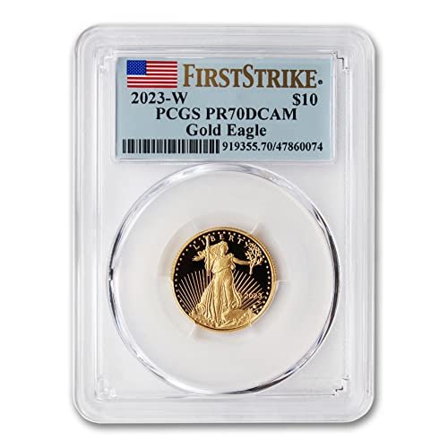 Монета 2023 г. тегло 1/4 унция от оборотната злато American Eagle с дълбока камеей PR70 (издател на First Strike