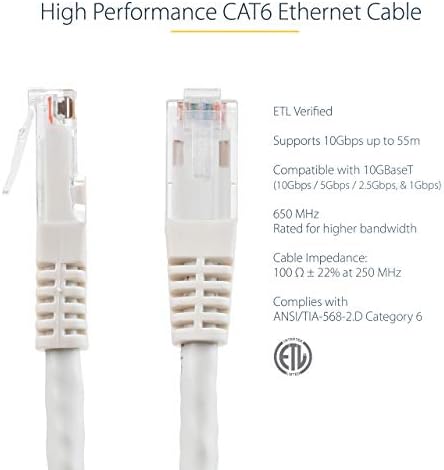 StarTech.com 6 фута CAT6 кабел Ethernet - Бяло тел CAT 6 Gigabit Ethernet -650 Mhz 100 W PoE ++ RJ45 UTP, Гласове