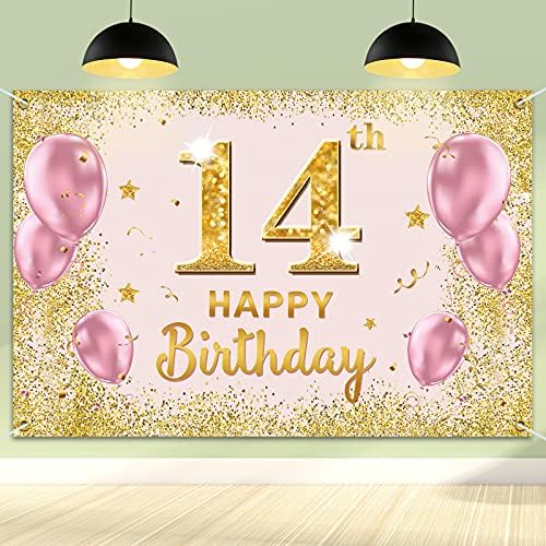 PAKBOOM Happy 14th Birthday Background Банер - 14 Предмети за Украса на парти по случай рождения Ден за Момичетата - Златисто-Розово 3,9 x 5,9 метра