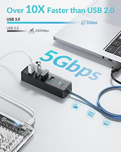 USB-хъб, PHIXERO 4-Портов Хъб USB 3.0, Удължител няколко порта USB с кабел с дължина 1,6 метра, USB сплитер за бърз пренос на данни за лаптоп, съвместима с всички устройства с USB пор