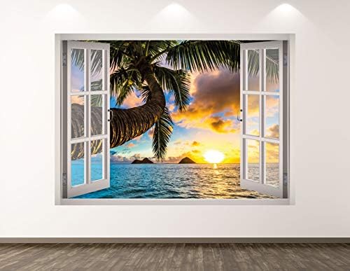 Западна Гора на Залез слънце на Плажа Стикер За Стена, Арт Декор на 3D Прозореца Тропически Океан Стикер Стенопис