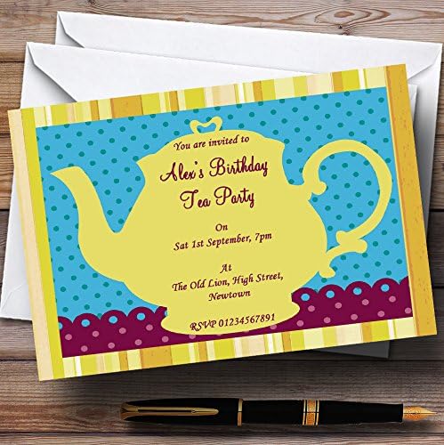 Голям Жълт Чайник Реколта Чаена Тема Персонални Покани На Парти по случай рождения Ден