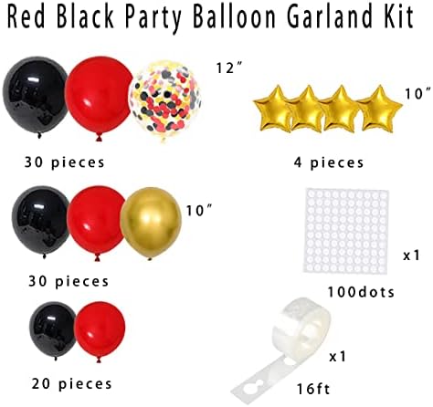 Червено-Черна Арка с Венец от балони - 116 опаковки Матов Червено-черни Балони със Златен металликом за Игра на