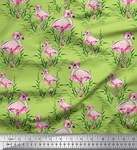 Зелен памучен трикотажная плат Soimoi с принтом билки и птици фламинго ширина 58 см