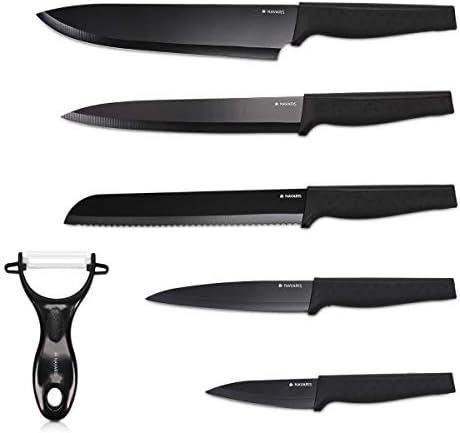 Набор от ножове и овощечистки Navaris - 5 Кухненски ножове от неръждаема стомана и 1 Картофелечистка - Набор от ножове с керамично острие и 5 Ножа с черни остриета и дръжк