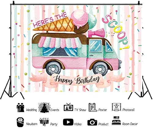 Hilioens 7 × 5 фута Ето Лъжичка Фон Камион със Сладолед Сладко Конфети Детски Банер За Парти по случай рождения